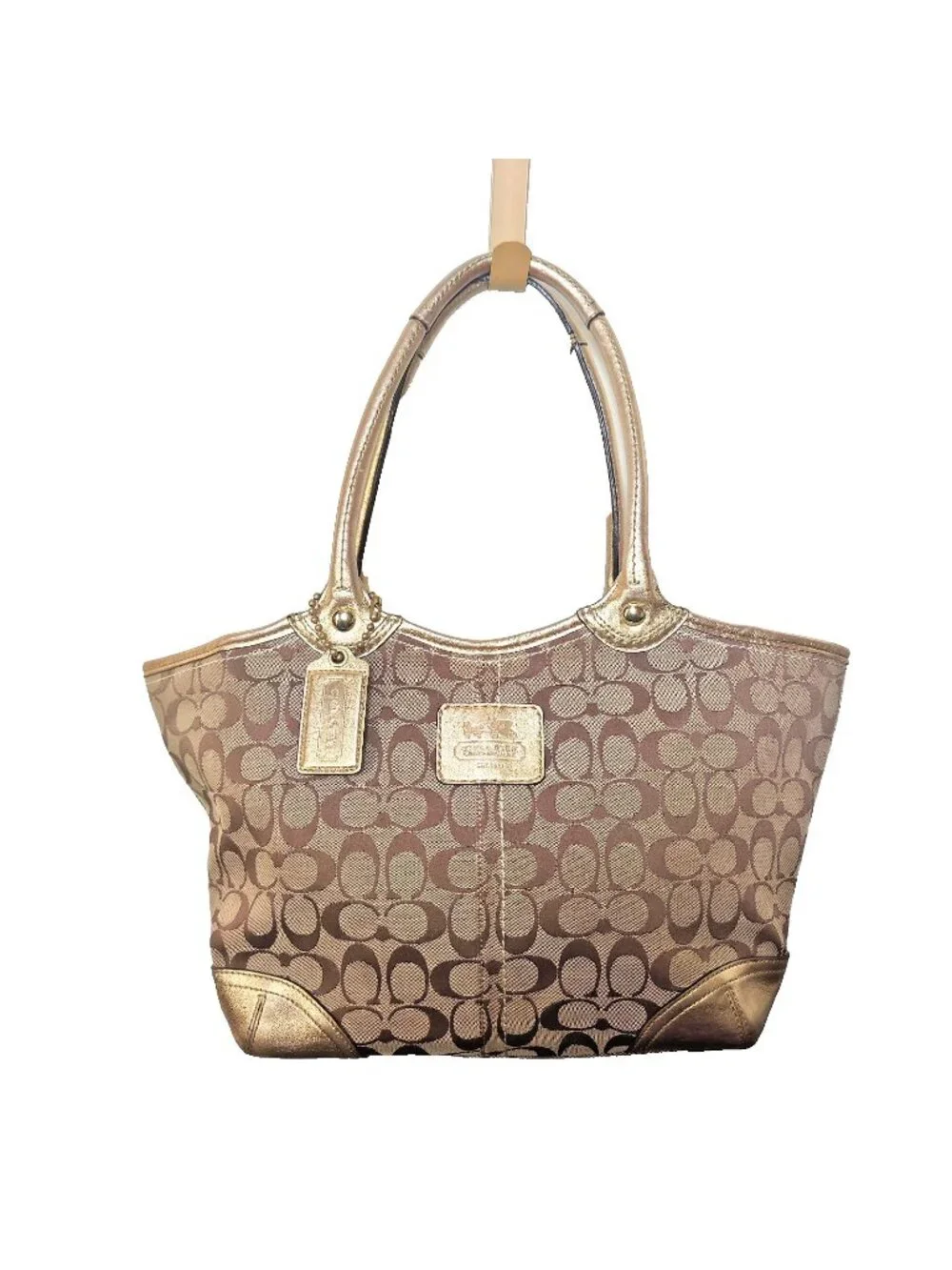 COACH BLEECKER Signatue TOTE Satchel BAG Gold Tan Leather Fabric